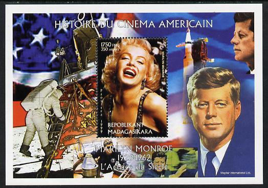 Madagascar 1999 History of American Cinema - Marilyn Monroe #5 (with JFK & Apollo 11 in background) perf m/sheet unmounted mint. Note this item is privately produced and ..., stamps on personalities, stamps on kennedy, stamps on usa presidents, stamps on americana, stamps on films, stamps on cinema, stamps on movies, stamps on music, stamps on marilyn, stamps on monroe, stamps on apollo, stamps on moon, stamps on space, stamps on rockets