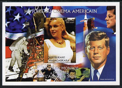 Madagascar 1999 History of American Cinema - Marilyn Monroe #6 (with JFK & Apollo 11 in background) perf m/sheet unmounted mint. Note this item is privately produced and is offered purely on its thematic appeal , stamps on personalities, stamps on kennedy, stamps on usa presidents, stamps on americana, stamps on films, stamps on cinema, stamps on movies, stamps on music, stamps on marilyn, stamps on monroe, stamps on apollo, stamps on moon, stamps on space, stamps on rockets