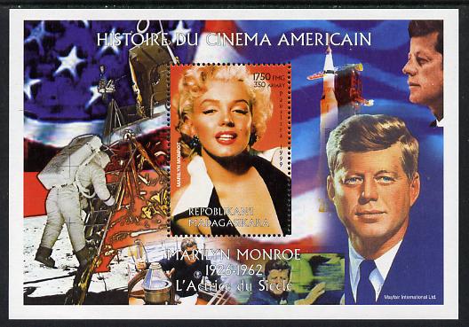 Madagascar 1999 History of American Cinema - Marilyn Monroe #8 (with JFK & Apollo 11 in background) perf m/sheet unmounted mint. Note this item is privately produced and is offered purely on its thematic appeal , stamps on , stamps on  stamps on personalities, stamps on  stamps on kennedy, stamps on  stamps on usa presidents, stamps on  stamps on americana, stamps on  stamps on films, stamps on  stamps on cinema, stamps on  stamps on movies, stamps on  stamps on music, stamps on  stamps on marilyn, stamps on  stamps on monroe, stamps on  stamps on apollo, stamps on  stamps on moon, stamps on  stamps on space, stamps on  stamps on rockets