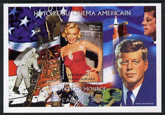 Madagascar 1999 History of American Cinema - Marilyn Monroe #9 (with JFK & Apollo 11 in background) perf m/sheet unmounted mint. Note this item is privately produced and is offered purely on its thematic appeal , stamps on , stamps on  stamps on personalities, stamps on  stamps on kennedy, stamps on  stamps on usa presidents, stamps on  stamps on americana, stamps on  stamps on films, stamps on  stamps on cinema, stamps on  stamps on movies, stamps on  stamps on music, stamps on  stamps on marilyn, stamps on  stamps on monroe, stamps on  stamps on apollo, stamps on  stamps on moon, stamps on  stamps on space, stamps on  stamps on rockets