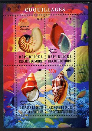 Ivory Coast 2013 Shells perf sheetlet containing 4 values unmounted mint, stamps on shells, stamps on marine life