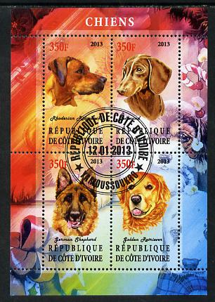 Ivory Coast 2013 Dogs #1 perf sheetlet containing 4 values fine cto used, stamps on dogs