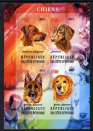 Ivory Coast 2013 Dogs #1 imperf sheetlet containing 4 values unmounted mint, stamps on , stamps on  stamps on dogs