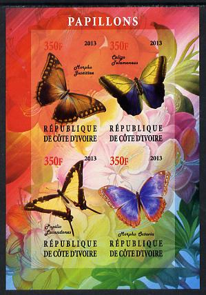 Ivory Coast 2013 Butterflies #1 imperf sheetlet containing 4 values unmounted mint, stamps on , stamps on  stamps on butterflies