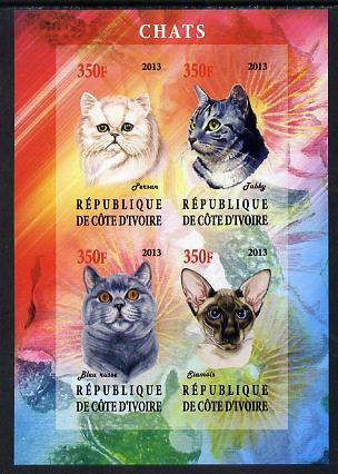 Ivory Coast 2013 Domestic Cats #1 imperf sheetlet containing 4 values unmounted mint, stamps on , stamps on  stamps on cats