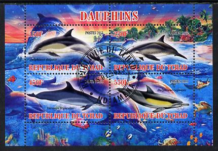 Chad 2013 Dolphins perf sheetlet containing 4 values fine cto used, stamps on dolphins, stamps on marine life