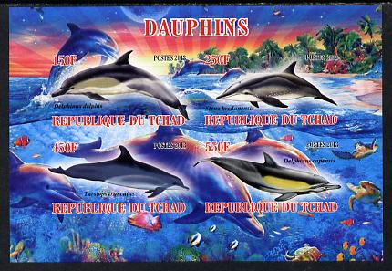 Chad 2013 Dolphins imperf sheetlet containing 4 values unmounted mint, stamps on dolphins, stamps on marine life