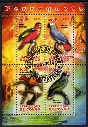 Congo 2013 Parrots perf sheetlet containing 4 values fine cto used, stamps on birds, stamps on parrots