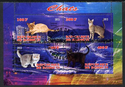 Djibouti 2013 Domestic Cats #3 perf sheetlet containing 4 values fine cto used, stamps on , stamps on  stamps on cats