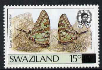 Swaziland 1990 Butterfly Provisional 15c on 45c (error) issued stamp was 15c on 30c (shown here for comparison and is not included) unmounted mint SG 580a, stamps on , stamps on  stamps on butterflies