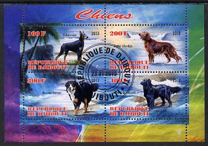 Djibouti 2013 Dogs #3 perf sheetlet containing 4 values fine cto used, stamps on , stamps on  stamps on dogs