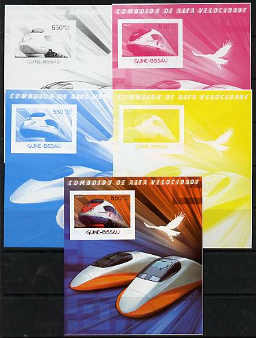 Guinea - Bissau 2012 High Speed Trains - Sapsan souvenir sheet - the set of 5 imperf progressive proofs comprising the 4 individual colours plus all 4-colour composite, unmounted mint , stamps on , stamps on  stamps on railways