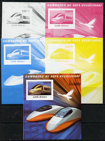 Guinea - Bissau 2012 High Speed Trains - Gautrain Electrostar souvenir sheet - the set of 5 imperf progressive proofs comprising the 4 individual colours plus all 4-colour composite, unmounted mint , stamps on , stamps on  stamps on railways