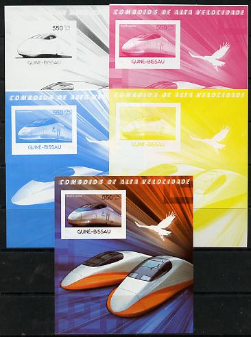 Guinea - Bissau 2012 High Speed Trains - Acela Express souvenir sheet - the set of 5 imperf progressive proofs comprising the 4 individual colours plus all 4-colour composite, unmounted mint , stamps on railways