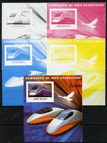 Guinea - Bissau 2012 High Speed Trains - TGV Duplex souvenir sheet - the set of 5 imperf progressive proofs comprising the 4 individual colours plus all 4-colour composit..., stamps on railways