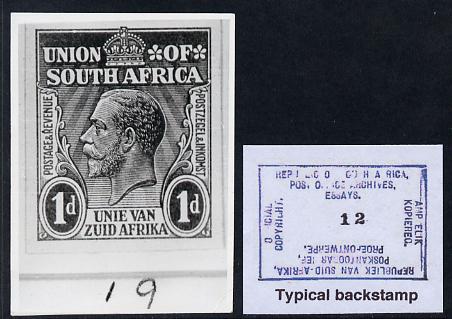 South Africa 1913-25 KG5 issue B&W photograph of original essay denominated 1d approximately twice stamp-size. Official photograph from the original artwork held by the G..., stamps on , stamps on  kg5 , stamps on 