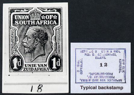 South Africa 1913-25 KG5 issue B&W photograph of original essay denominated 1d approximately twice stamp-size. Official photograph from the original artwork held by the Government Printer in Pretoria with authority handstamp on the back, one of only 30 produced., stamps on , stamps on  stamps on , stamps on  stamps on  kg5 , stamps on  stamps on 