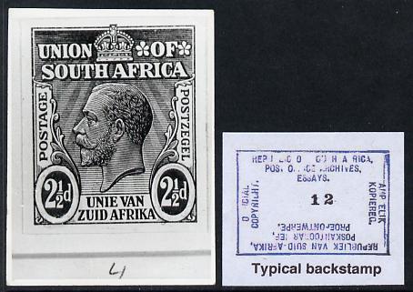 South Africa 1913-25 KG5 issue B&W photograph of original essay denominated 2.5d approximately twice stamp-size. Official photograph from the original artwork held by the Government Printer in Pretoria with authority handstamp on the back, one of only 30 produced., stamps on , stamps on  stamps on , stamps on  stamps on  kg5 , stamps on  stamps on 