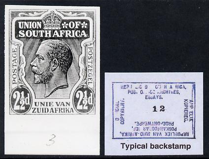 South Africa 1913-25 KG5 issue B&W photograph of original essay denominated 2.5d approximately twice stamp-size. Official photograph from the original artwork held by the Government Printer in Pretoria with authority handstamp on the back, one of only 30 produced., stamps on , stamps on  stamps on , stamps on  stamps on  kg5 , stamps on  stamps on 