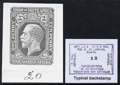 South Africa 1913-25 KG5 issue B&W photograph of original essay for newspaper wrapper denominated 1d approximately twice stamp-size. Official photograph from the original artwork held by the Government Printer in Pretoria with authority handstamp on the back, one of only 30 produced., stamps on , stamps on  stamps on , stamps on  stamps on  kg5 , stamps on  stamps on 
