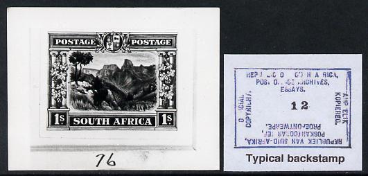 South Africa 1922 KG5 Pictorial issue B&W photograph of original essay for Dog's Head Mount denominated 1s approximately twice stamp-size. Official photograph from the original artwork held by the Government Printer in Pretoria with authority handstamp on the back, one of only 30 produced., stamps on , stamps on  stamps on , stamps on  stamps on  kg5 , stamps on  stamps on mountains