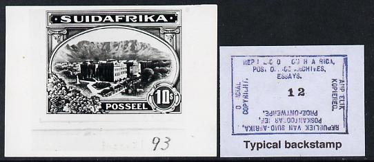 South Africa 1922 KG5 Pictorial issue B&W photograph of original essay for House of Assembly denominated 10s approximately twice stamp-size. Official photograph from the original artwork held by the Government Printer in Pretoria with authority handstamp on the back, one of only 30 produced., stamps on , stamps on  stamps on , stamps on  stamps on  kg5 , stamps on  stamps on constitutions, stamps on  stamps on buildings