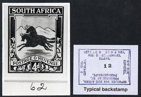 South Africa 1923 KG5 Pictorial issue B&W photograph of original essay for Natal Arms (Wildebeest) denominated 4d approximately twice stamp-size. Official photograph from the original artwork held by the Government Printer in Pretoria with authority handstamp on the back, one of only 30 produced., stamps on , stamps on  stamps on , stamps on  stamps on  kg5 , stamps on  stamps on animals