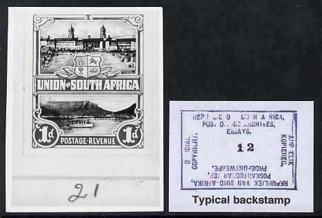 South Africa 1923 KG5 Pictorial issue B&W photograph of original essay denominated 1d (inscribed in English) approximately twice stamp-size. Official photograph from the original artwork held by the Government Printer in Pretoria with authority handstamp on the back, one of only 30 produced., stamps on , stamps on  stamps on , stamps on  stamps on  kg5 , stamps on  stamps on 