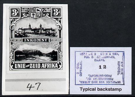 South Africa 1923 KG5 Pictorial Revenue issue B&W photograph of original essay denominated 3d (inscribed in Afrikaans) approximately twice stamp-size. Official photograph from the original artwork held by the Government Printer in Pretoria with authority handstamp on the back, one of only 30 produced., stamps on , stamps on  stamps on , stamps on  stamps on  kg5 , stamps on  stamps on 