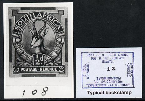 South Africa 1926-27 issue B&W photograph of original 1/2d Springbok essay inscribed in English, approximately twice stamp-size slightly different to issued stamp which is included. Official photograph from the original artwork held by the Government Printer in Pretoria with authority handstamp on the back, one of only 30 produced., stamps on , stamps on  stamps on , stamps on  stamps on  kg5 , stamps on  stamps on animals