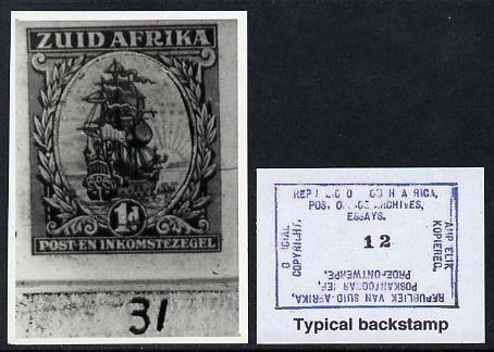 South Africa 1926-27 issue B&W photograph of original 1d Dromedaris essay inscribed in Afrikaans, approximately twice stamp-size slightly different to issued stamp which is included. Official photograph from the original artwork held by the Government Printer in Pretoria with authority handstamp on the back, one of only 30 produced., stamps on , stamps on  stamps on , stamps on  stamps on  kg5 , stamps on  stamps on ships