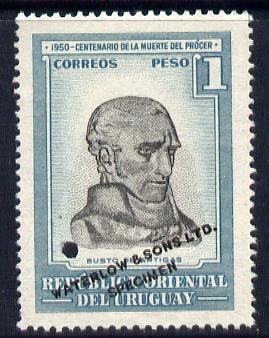Uruguay 1952 Death Centenary of General Artigas 1p Bust of Artigas Printers sample in grey & pale blue (issued stamp was olive & greenish-blue) overprinted Waterlow & Son..., stamps on personalities, stamps on constitutions
