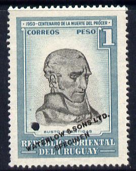 Uruguay 1952 Death Centenary of General Artigas 1p Bust of Artigas Printer's sample in grey & pale blue (issued stamp was olive & greenish-blue) overprinted Waterlow & Sons SPECIMEN with security punch hole without gum, as SG 1020, stamps on , stamps on stamps on personalities, stamps on stamps on constitutions