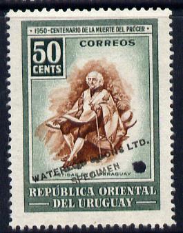 Uruguay 1952 Death Centenary of General Artigas 50c Artigas in Paraguay Printers sample in brown & grey-blue (issued stamp was olive & orange-brown) overprinted Waterlow ..., stamps on personalities, stamps on constitutions