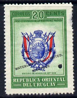 Uruguay 1952 Death Centenary of General Artigas 20c Coat of Arms Printer's sample with green background (issued stamp was orange-yellow) overprinted Waterlow & Sons SPECIMEN with security punch hole without gum, as SG 1018, stamps on personalities, stamps on constitutions, stamps on arms, stamps on heraldry