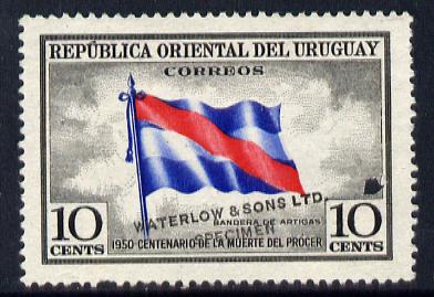 Uruguay 1952 Death Centenary of General Artigas 10c Flag Printer's sample with grey background (issued stamp was red-brown) overprinted Waterlow & Sons SPECIMEN with security punch hole without gum, as SG 1016, stamps on , stamps on  stamps on personalities, stamps on  stamps on constitutions, stamps on  stamps on flags