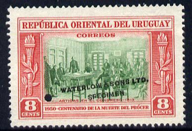 Uruguay 1952 Death Centenary of General Artigas 8c Artigas in Congress Printer's sample in green & red (issued stamp was black & red) overprinted Waterlow & Sons SPECIMEN with security punch hole without gum, as SG 1015, stamps on , stamps on  stamps on personalities, stamps on  stamps on constitutions, stamps on  stamps on 