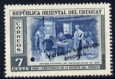 Uruguay 1952 Death Centenary of General Artigas 7c Artigas dictating instructions Printer's sample in blue & grey (issued stamp was black & olive) overprinted Waterlow & Sons SPECIMEN with security punch hole without gum, as SG 1014, stamps on , stamps on  stamps on personalities, stamps on  stamps on constitutions, stamps on  stamps on 