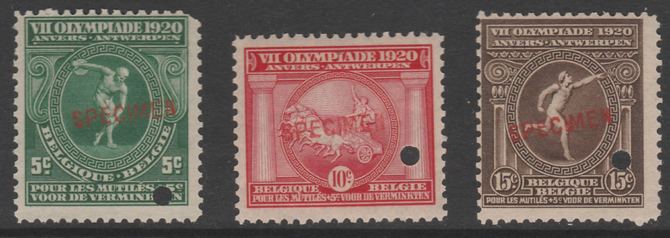 Belgium 1920 Olympic Games set of 3, each with small security puncture and overprinted SPECIMEN, unmounted mint from ABNCo archive sheet(short corner perf on 5c), stamps on olympics, stamps on ancient greece