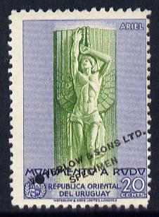 Uruguay 1948 Monument to Rodó (Writer) 20c Statue of Ariel Printer's sample in green & blue (issued stamp was brown & purple) overprinted Waterlow & Sons SPECIMEN with security punch hole without gum, as SG 984, stamps on , stamps on  stamps on personalities, stamps on  stamps on literature, stamps on  stamps on statues