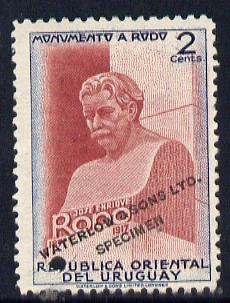 Uruguay 1948 Monument to Rodó (Writer) 2c Statue of Rodo Printer's sample in red-brown & blue (issued stamp was brown & violet) overprinted Waterlow & Sons SPECIMEN with security punch hole without gum, as SG 979, stamps on , stamps on  stamps on personalities, stamps on  stamps on literature, stamps on  stamps on statues