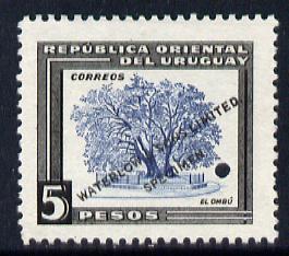 Uruguay 1954 Ombu Tree 5p Printer's sample in blue & Black (issued stamp was green & ultramarine) overprinted Waterlow & Sons SPECIMEN with security punch hole without gum, as SG 1044, stamps on , stamps on  stamps on trees