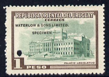 Uruguay 1954 Parliament House 1p Printers sample in green & brown (issued stamp was red-brown & scarlet) overprinted Waterlow & Sons SPECIMEN with security punch hole wit..., stamps on constitutions, stamps on buildings