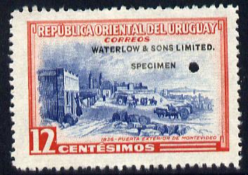Uruguay 1954 Gateway at Montevideo 12c Printer's sample in blue & red (issued stamp was sepia & blue) overprinted Waterlow & Sons SPECIMEN with security punch hole without gum, as SG 1036, stamps on , stamps on  stamps on constitutions, stamps on  stamps on buildings