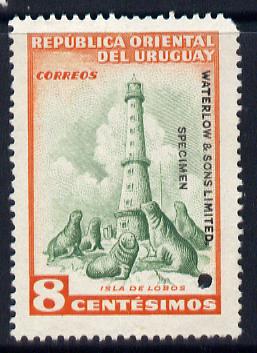 Uruguay 1954 Lighthouse & Sealions 8c Printers sample in green & orange (issued stamp was blue & scarlet) overprinted Waterlow & Sons SPECIMEN with security punch hole wi..., stamps on lighthouses, stamps on sealines, stamps on animals