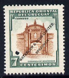 Uruguay 1954 Citadel 7c Printer's sample in brown & green  (issued stamp was green & brown) overprinted Waterlow & Sons SPECIMEN with security punch hole without gum, as SG 1033, stamps on , stamps on  stamps on buildings, stamps on  stamps on forts