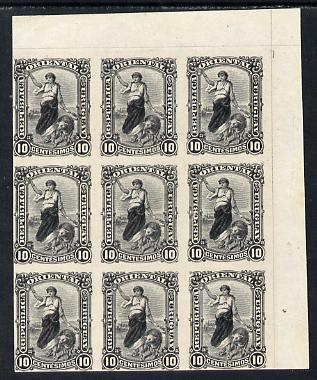 Uruguay 1900 10c imperforate proof in black (issued stamp was violet) in corner block of 9 without gum as SG 234, stamps on 