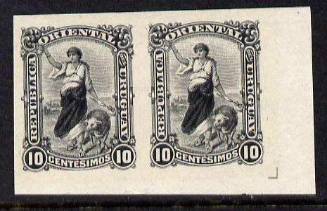 Uruguay 1900 10c imperforate proof in black (issued stamp was violet) in horizontal pair without gum as SG 234, stamps on , stamps on  stamps on uruguay 1900 10c imperforate proof in black (issued stamp was violet) in horizontal pair without gum as sg 234