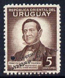 Uruguay 1942 Death Anniversary of Francisco Acuna (writer) 5c Printer's sample in brown (issued stamp was carmine-rose) overprinted Waterlow & Sons SPECIMEN with security punch hole without gum, as SG 865, stamps on , stamps on  stamps on personalities, stamps on  stamps on literature, stamps on  stamps on music