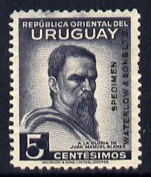 Uruguay 1941 40th Death Anniversary of Blanes (artist) 5c Printer's sample in dark grey (issued stamp was carmine-rose) overprinted Waterlow & Sons SPECIMEN with security punch hole without gum, as SG 858, stamps on , stamps on  stamps on personalities, stamps on  stamps on arts